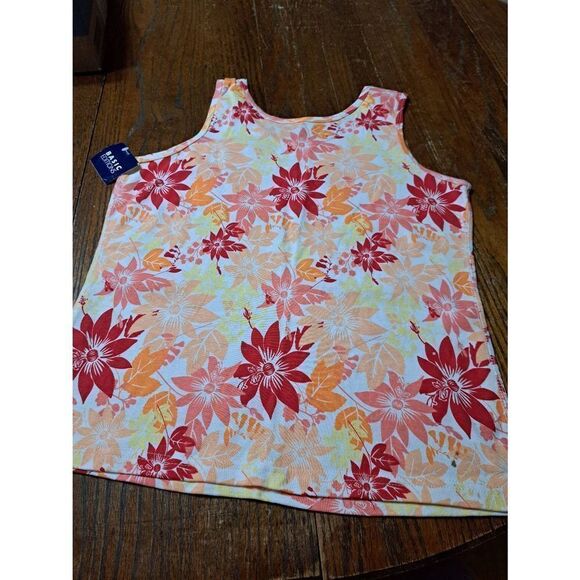 New Large Basic Editions Sleeveless Cotton Floral Tank Top Red Coral Yellow NWT - Picture 6 of 7
